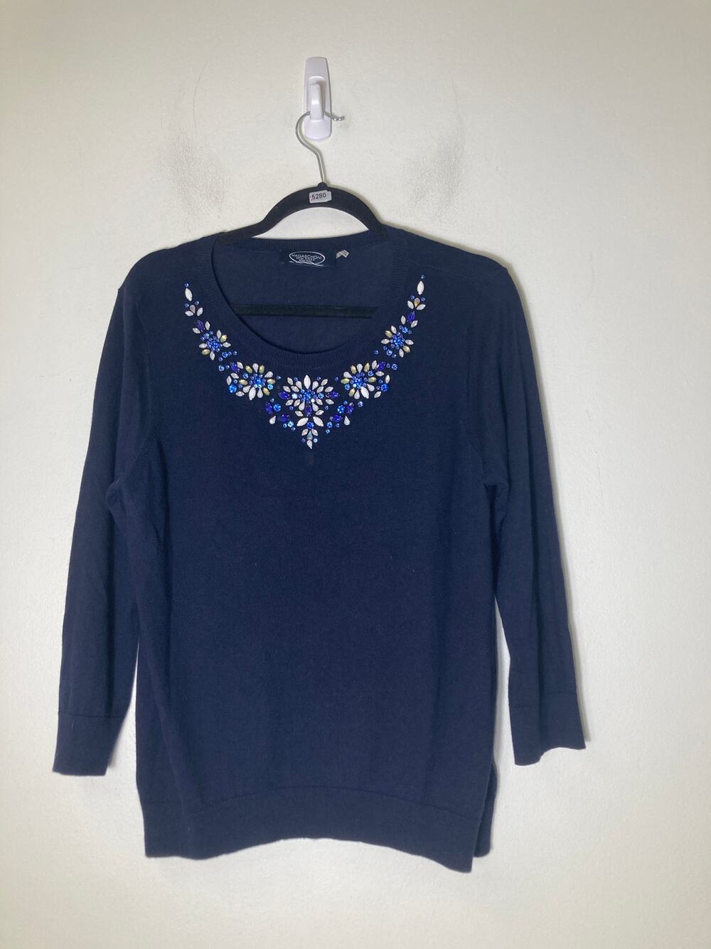 Magaschoni NY Navy Long Sleeve Rhinestone Detailing Sz L